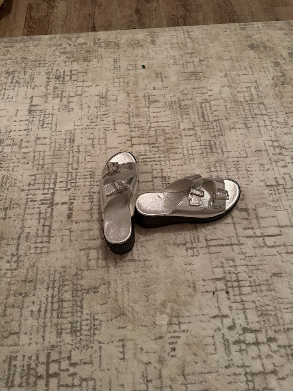 SHEIN Metallic Silver Double Buckle Slide Sandals